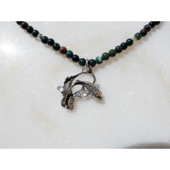 Sterling Silver Pisces Fish Bloodstone Beaded Pendant Necklace Pentagram - Picture 8 of 9